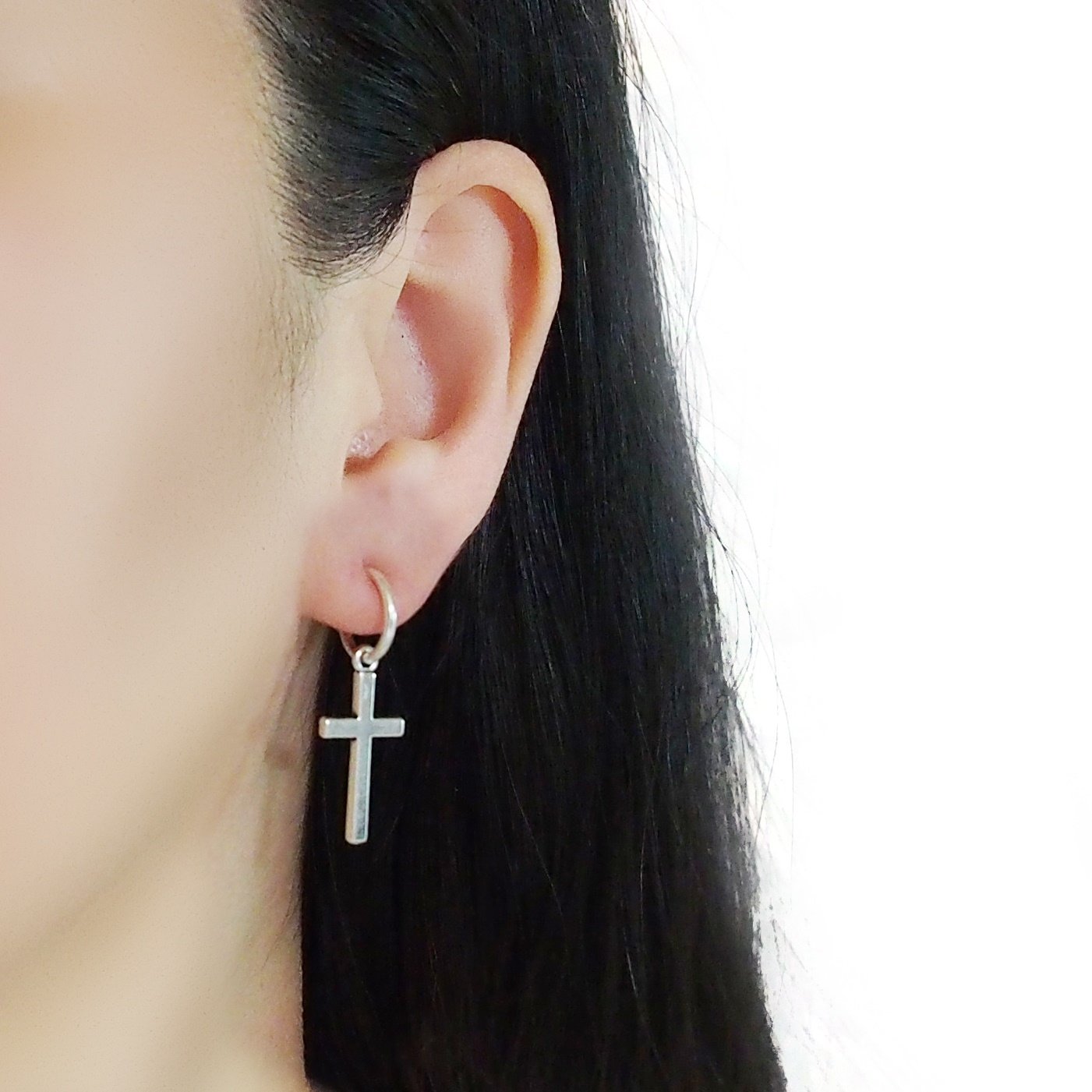 Dangle Silver Unisex Cross Hoop Invisible Clip On Stud Earrings
