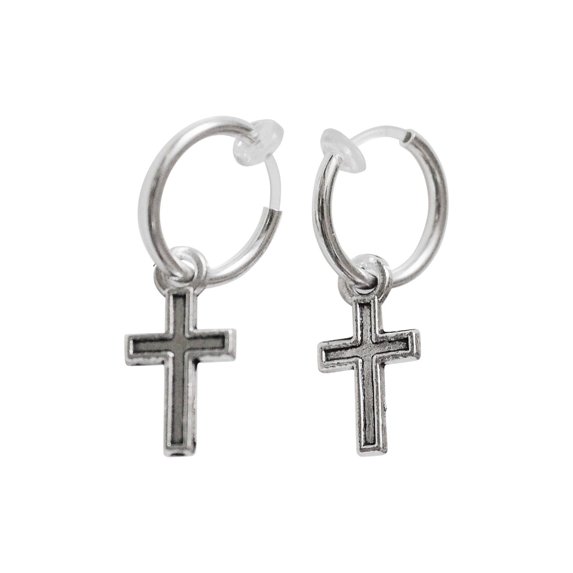 Dangle Silver Unisex Small Cross Hoop Invisible Clip On Stud Earrings
