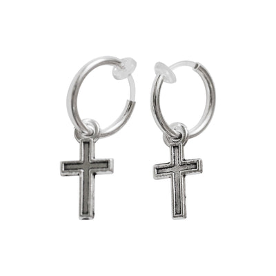 Dangle Silver Unisex Small Cross Hoop Invisible Clip On Stud Earrings