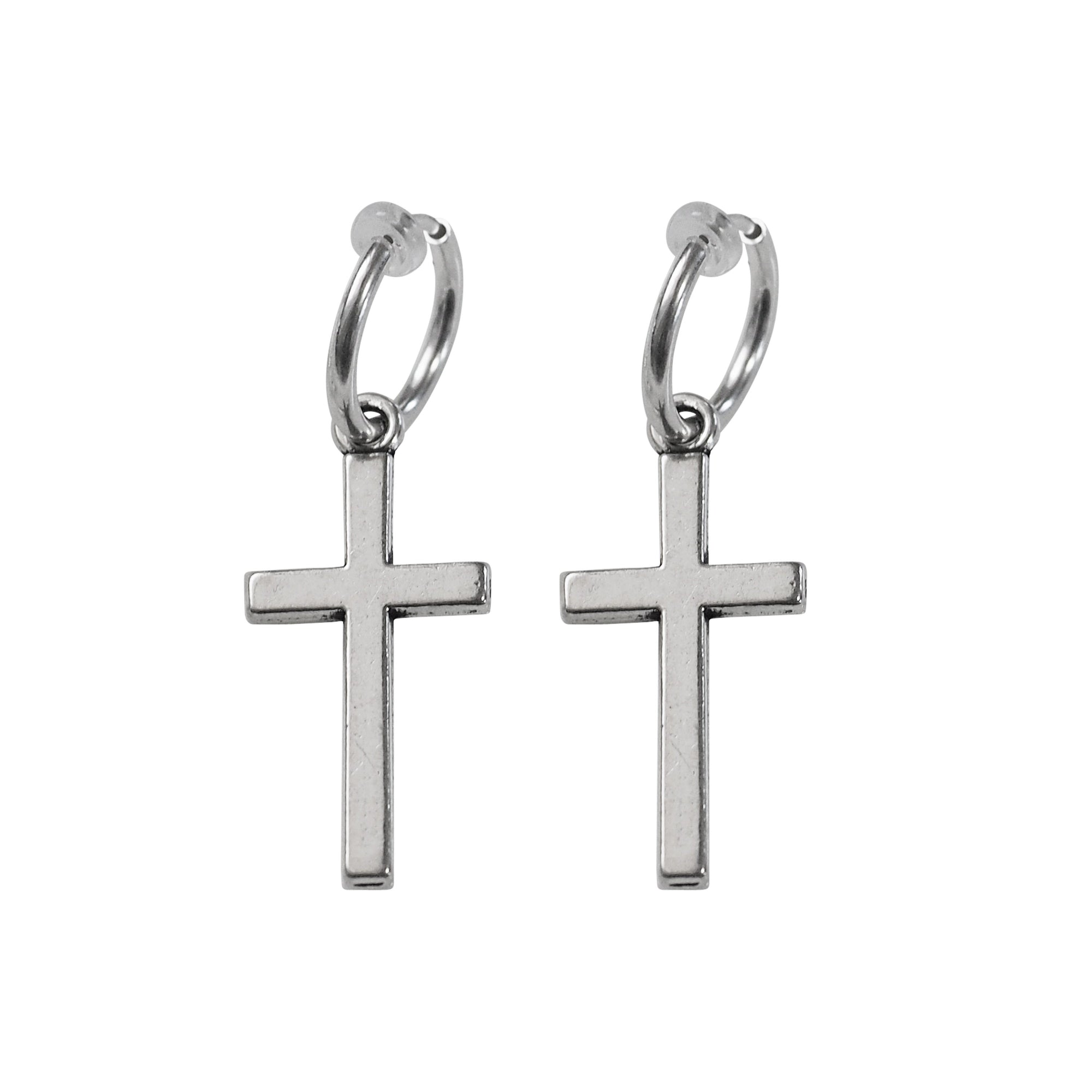 Dangle Silver Unisex Cross Hoop Invisible Clip On Stud Earrings