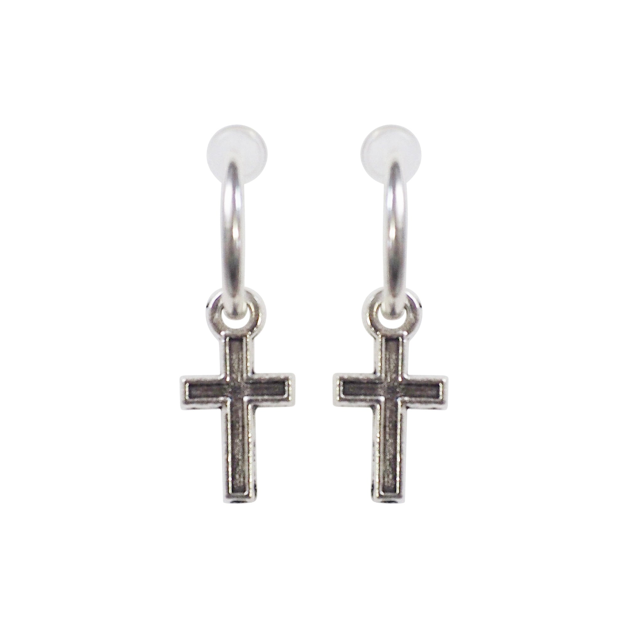 Dangle Silver Unisex Small Cross Hoop Invisible Clip On Stud Earrings