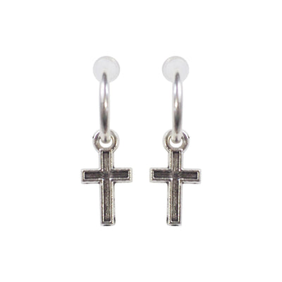 Dangle Silver Unisex Small Cross Hoop Invisible Clip On Stud Earrings