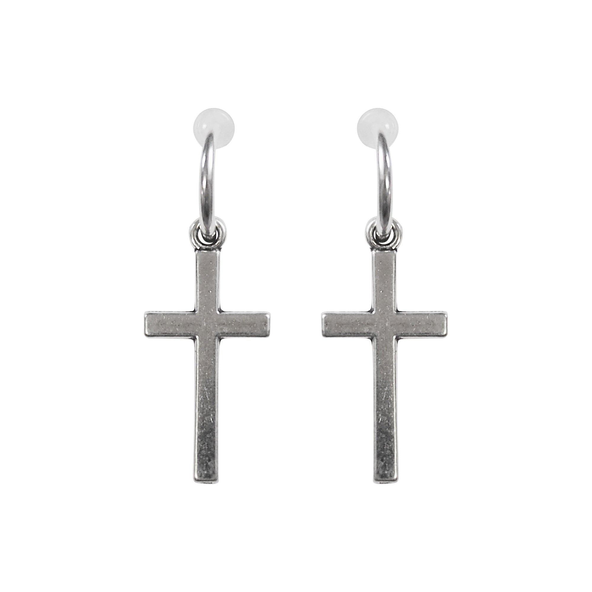 Dangle Silver Unisex Cross Hoop Invisible Clip On Stud Earrings