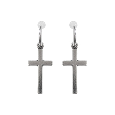 Dangle Silver Unisex Cross Hoop Invisible Clip On Stud Earrings