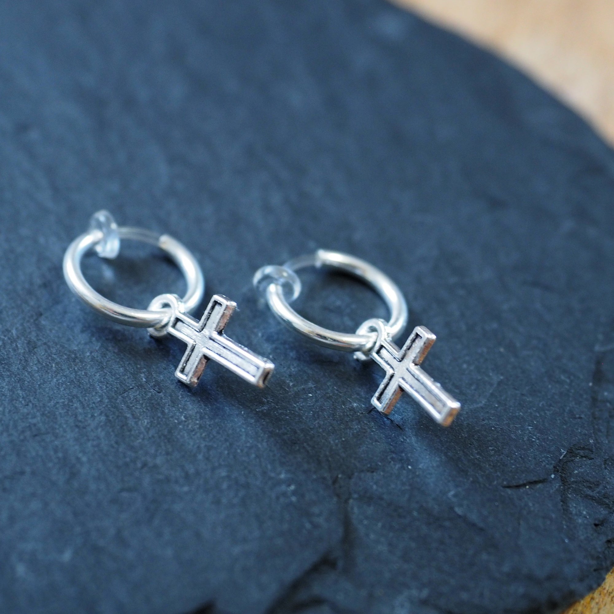 Dangle Silver Unisex Small Cross Hoop Invisible Clip On Stud Earrings