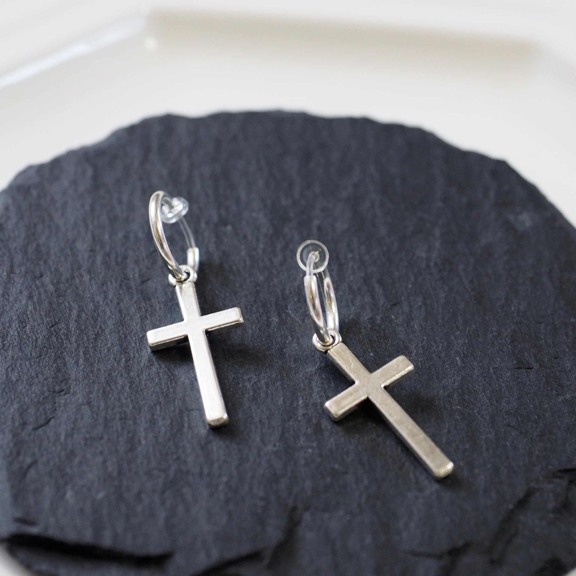 Dangle Silver Unisex Cross Hoop Invisible Clip On Stud Earrings
