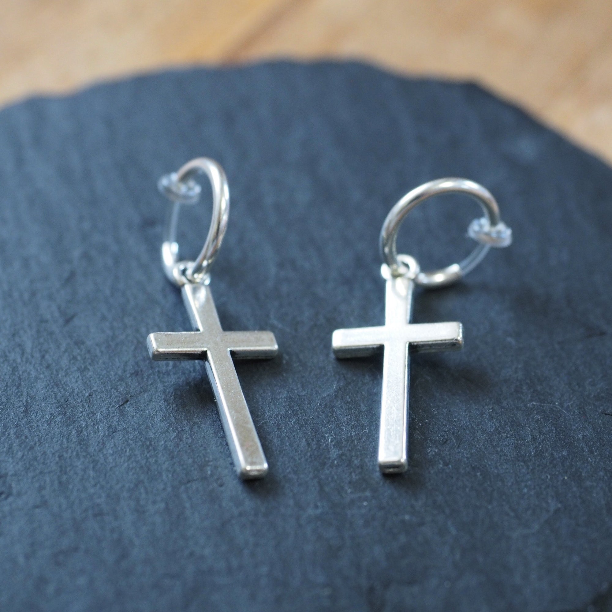 Dangle Silver Unisex Cross Hoop Invisible Clip On Stud Earrings