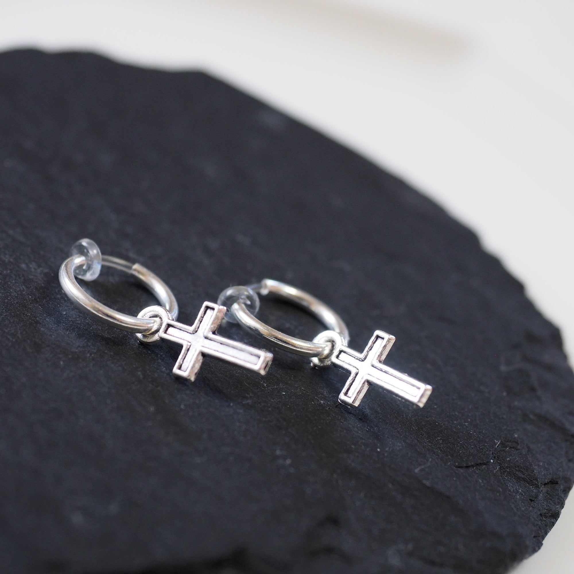 Dangle Silver Unisex Small Cross Hoop Invisible Clip On Stud Earrings