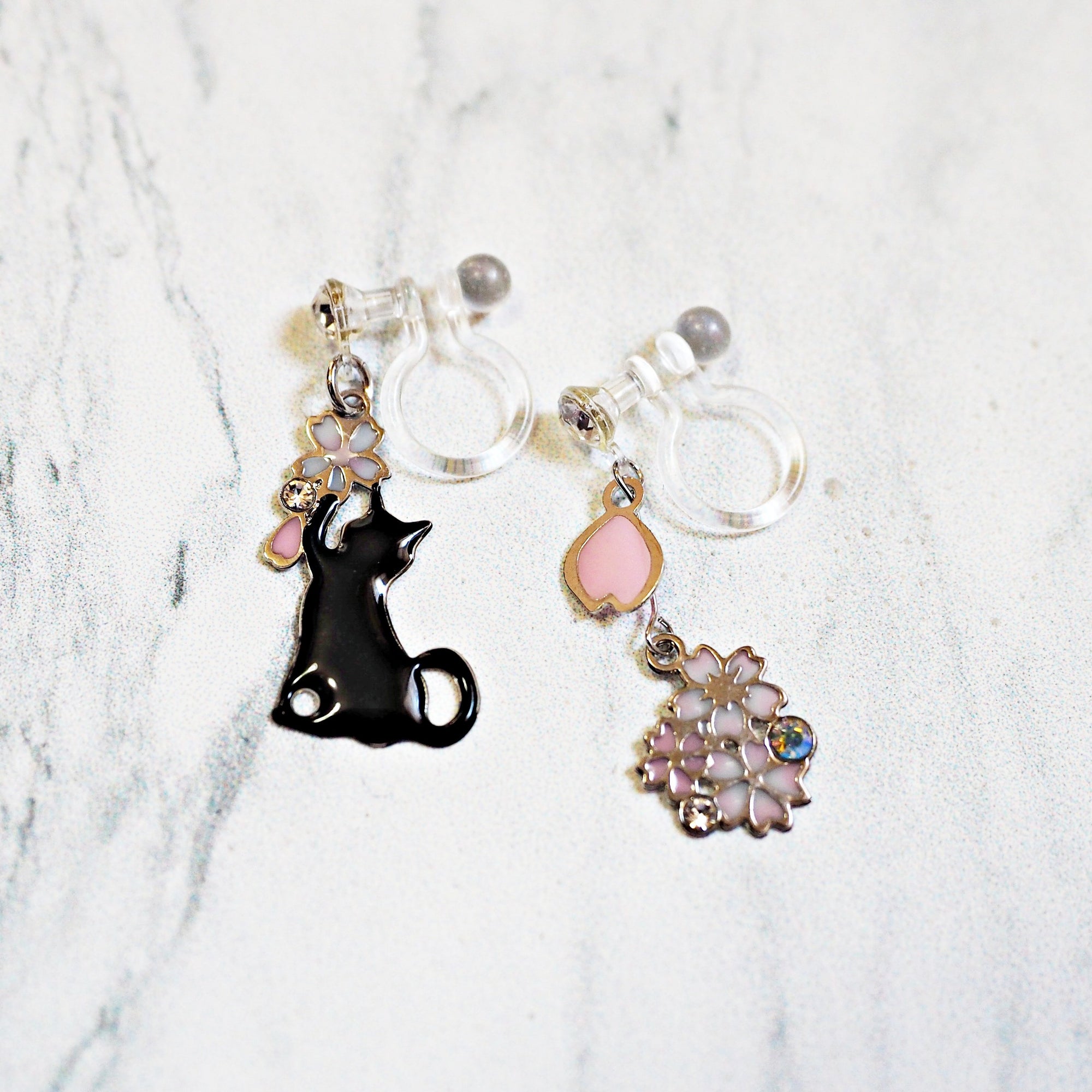 Dangle Black Cat Silver Pink Cherry Blossom Flower Invisible Clip On Earrings