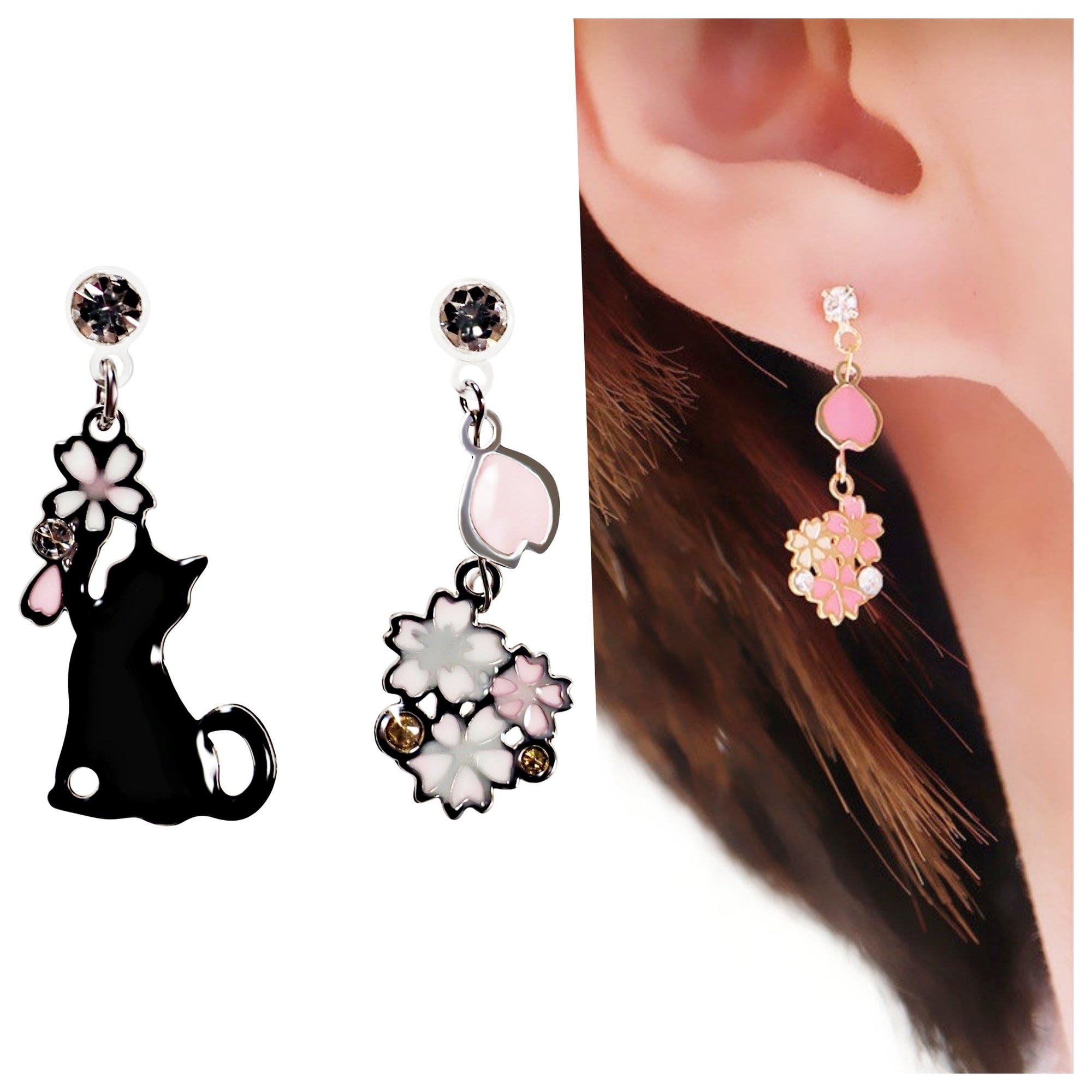 Dangle Black Cat Silver Pink Cherry Blossom Flower Invisible Clip On Earrings