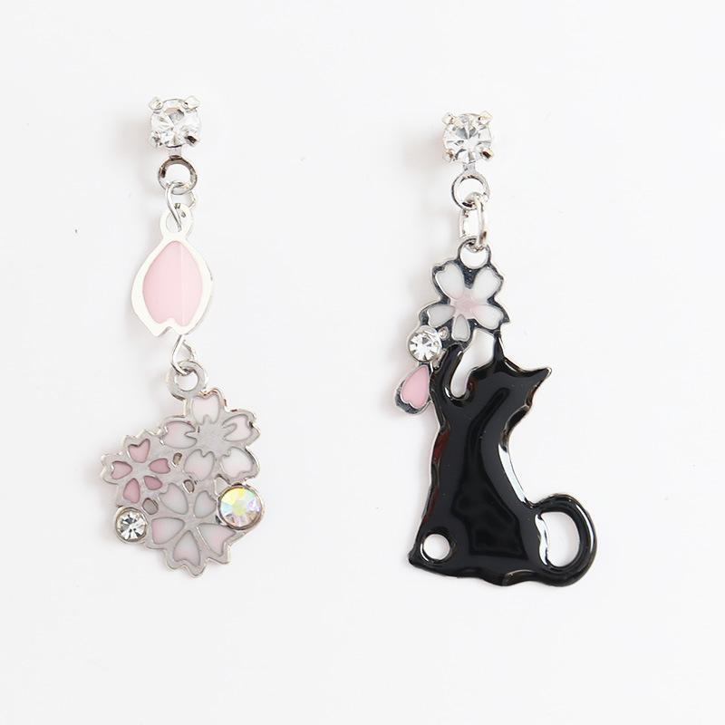 Dangle Black Cat Silver Pink Cherry Blossom Flower Invisible Clip On Earrings