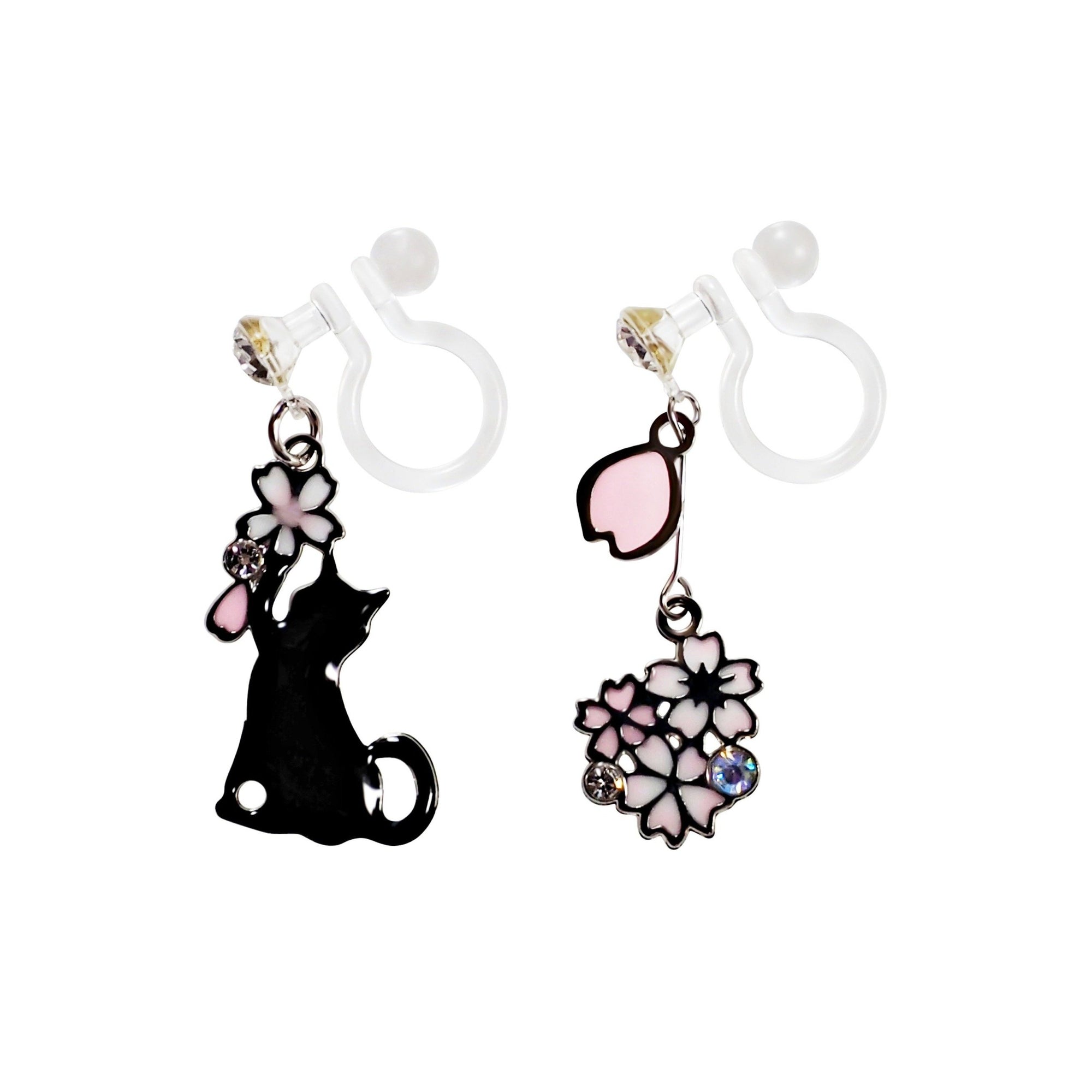 Dangle Black Cat Silver Pink Cherry Blossom Flower Invisible Clip On Earrings