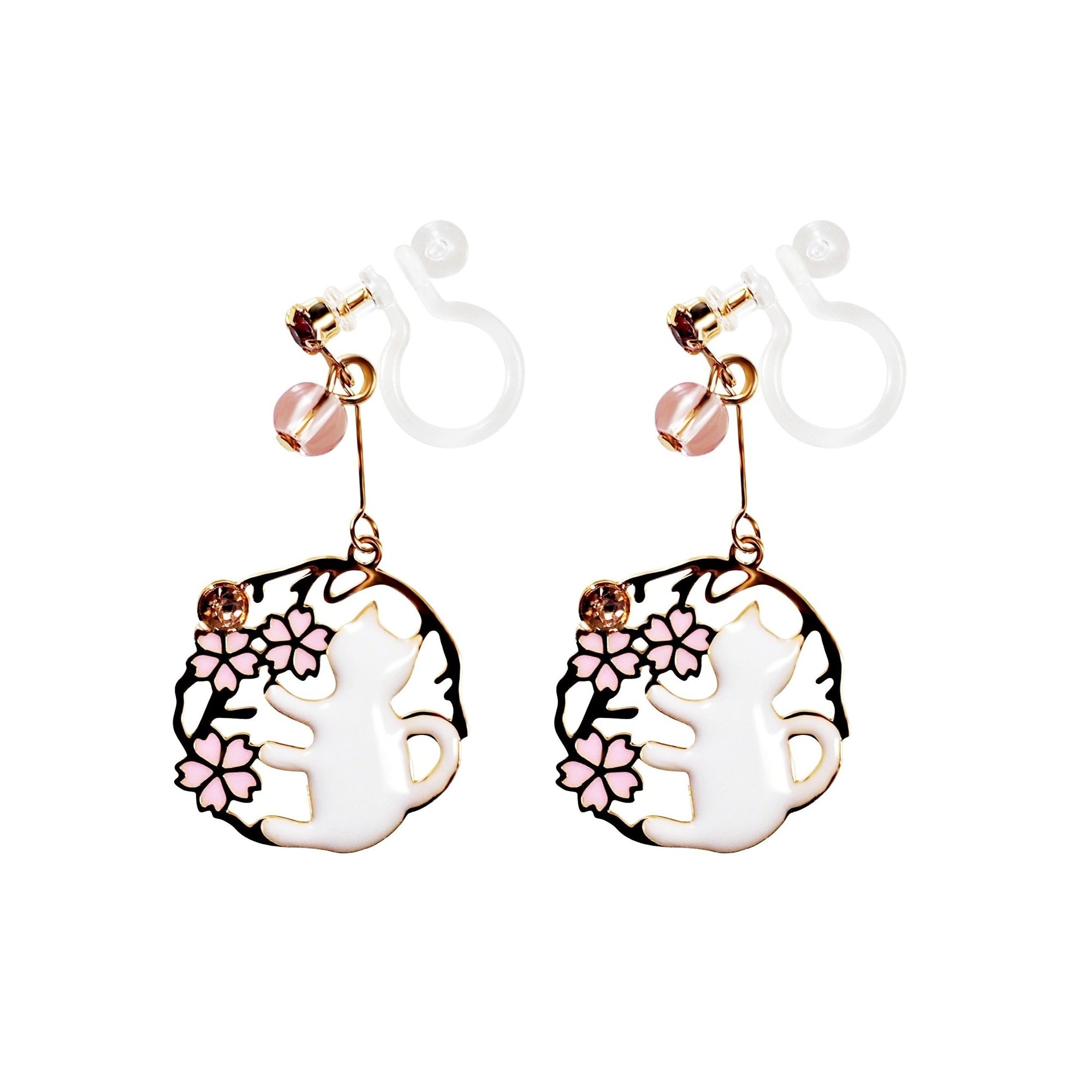 Dangle White Cats Pink Cherry Blossom Flower Gold Invisible Clip On Earrings