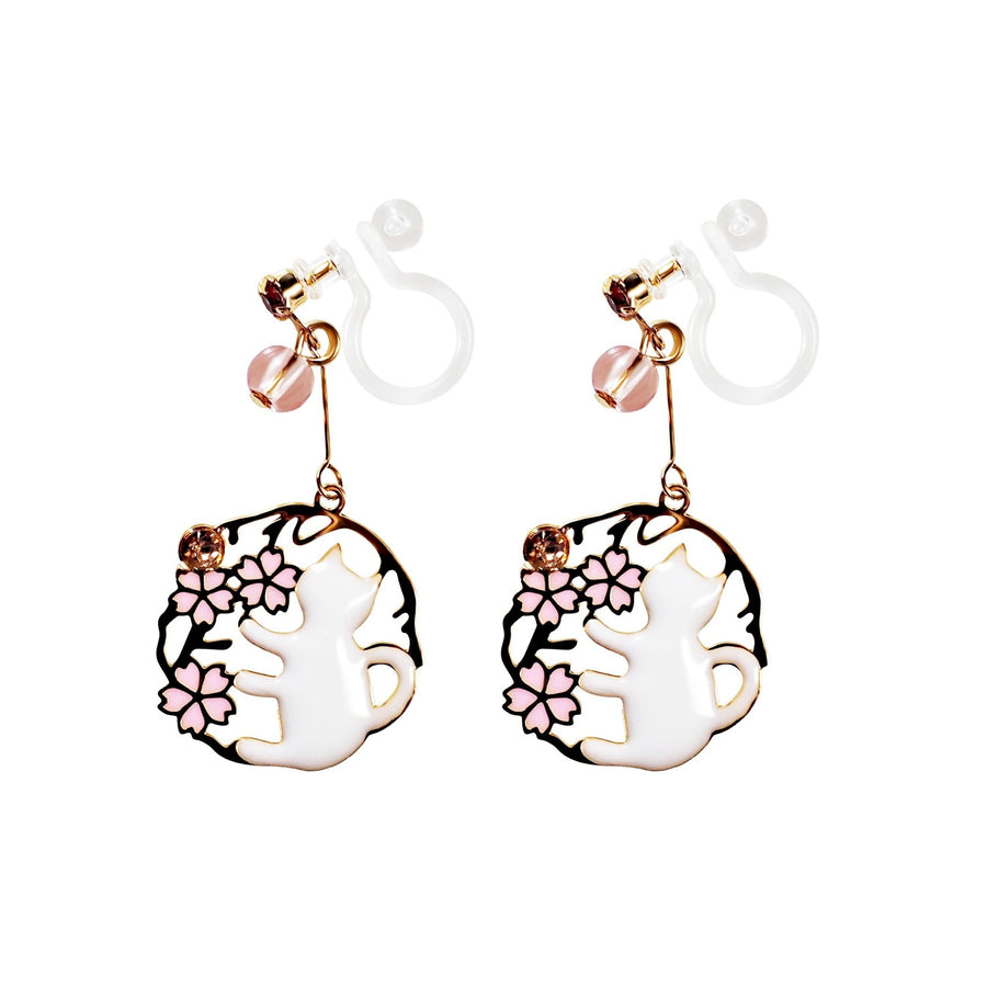 Dangle White Cats Pink Cherry Blossom Flower Gold Invisible Clip On Earrings