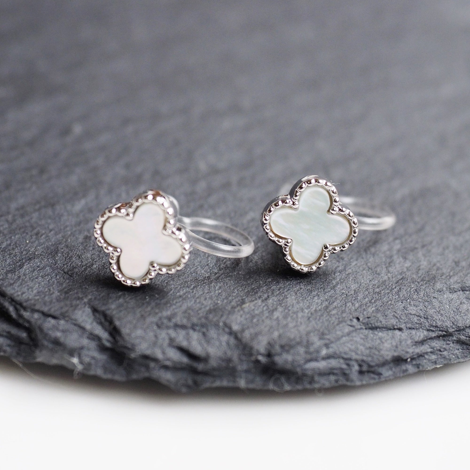 Silver Four Leaf Mother Of Pearl Invisible Clip On Stud Earrings