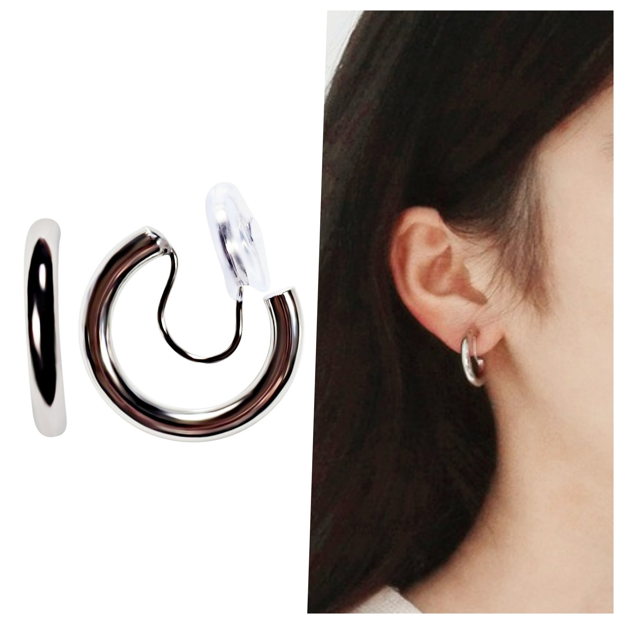 Silver 20mm Thick Hoop Clip Angle Adjustable Spiral Clip On Earrings