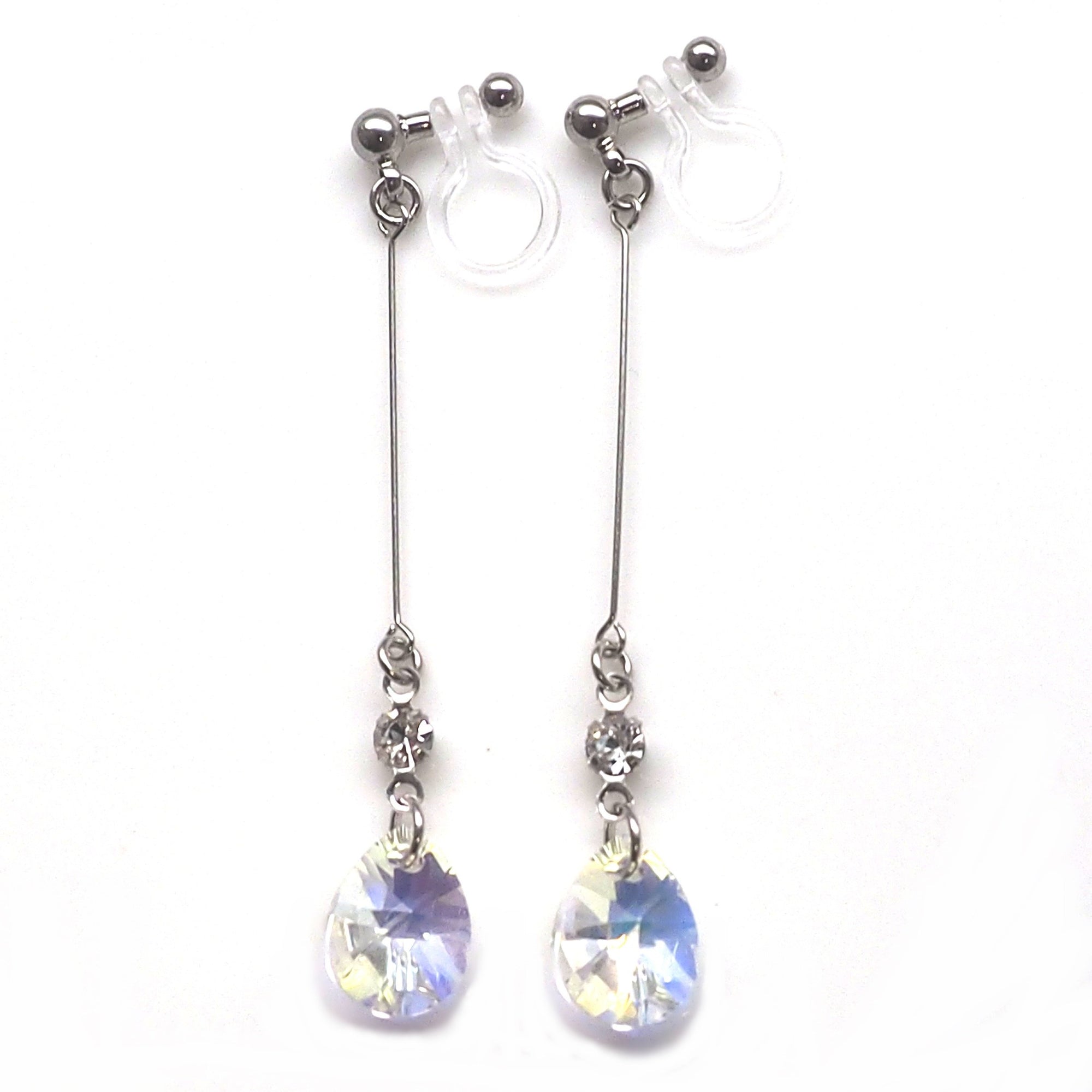 Aurora Borealis Teardrop Swarovski Invisible Clip On Earrings ( Silver tone ) - Miyabi Grace