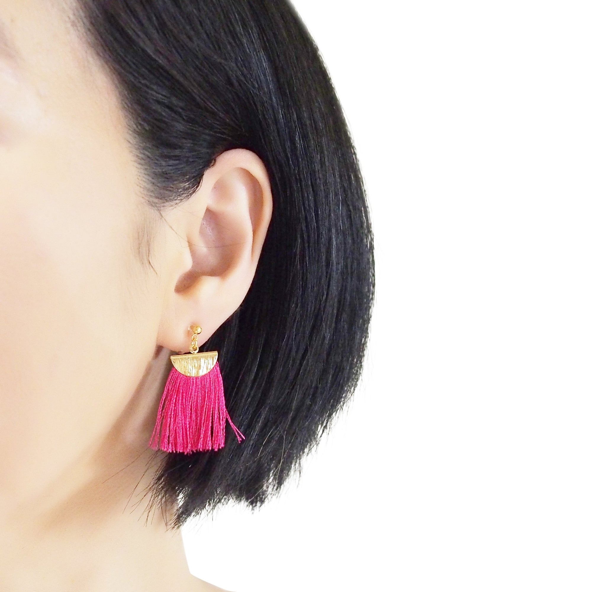 Fuchsia Pink flat tassel invisible clip on earrings - miyabigracejewelry.com