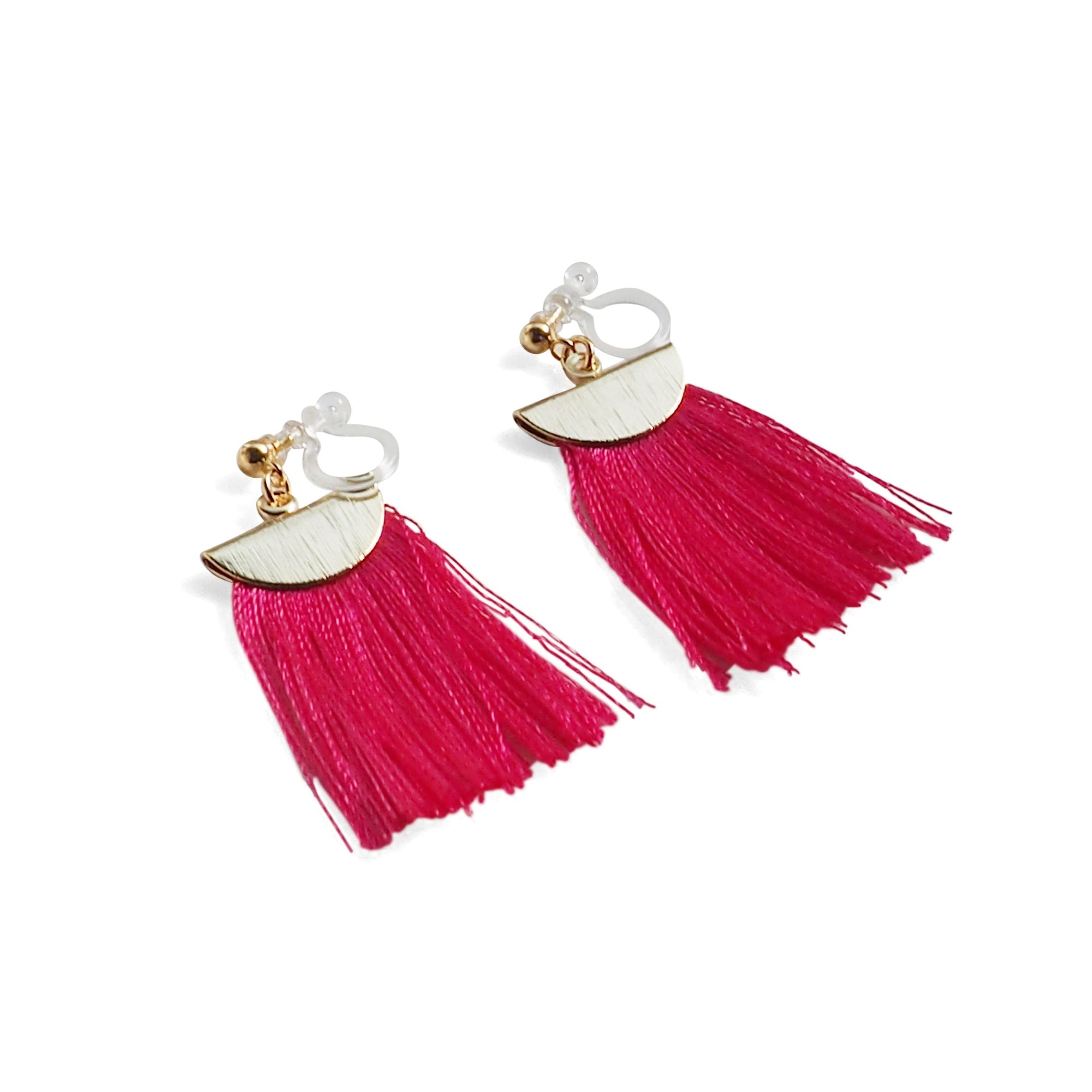 Fuchsia Pink flat tassel invisible clip on earrings - miyabigracejewelry.com