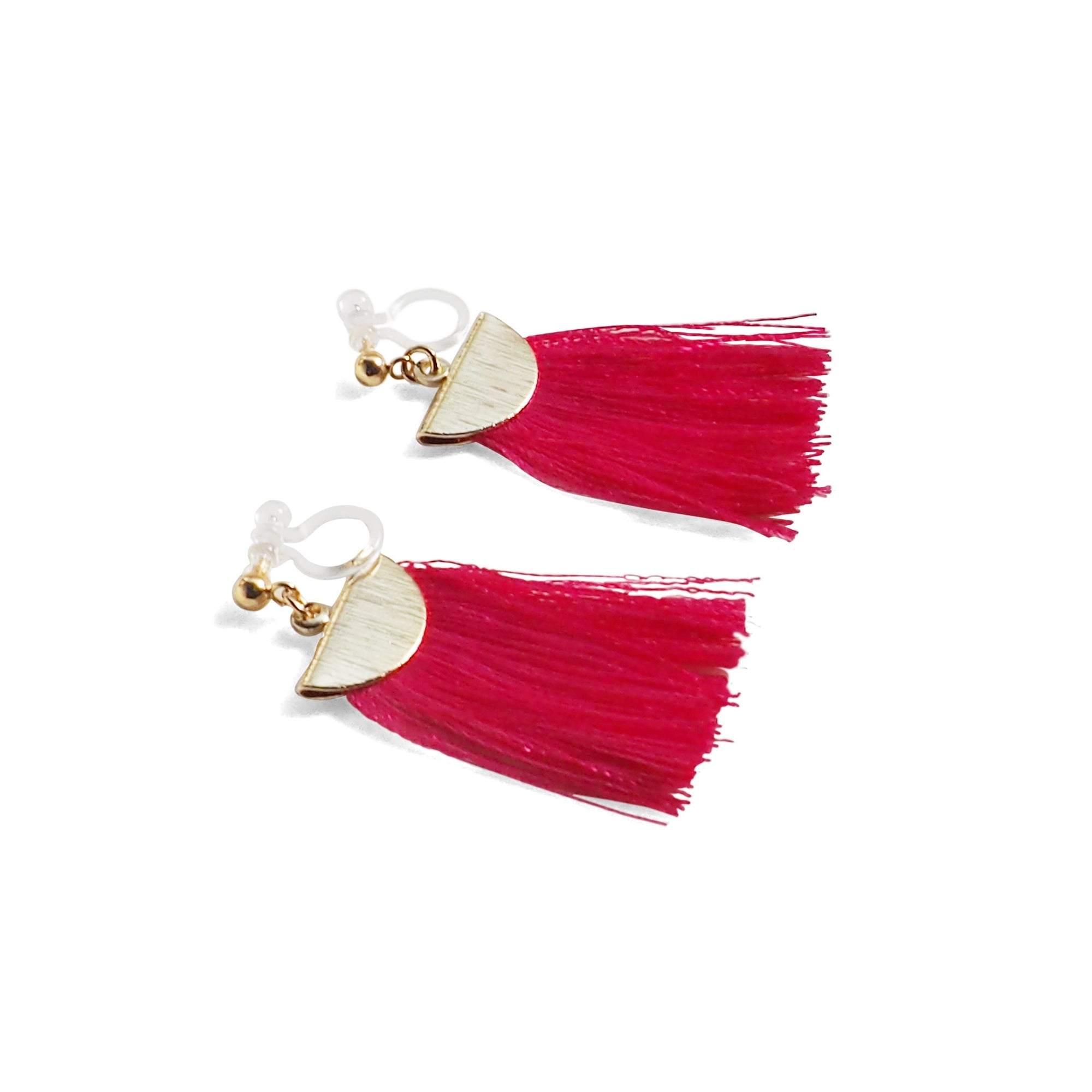 Fuchsia Pink flat tassel invisible clip on earrings - miyabigracejewelry.com