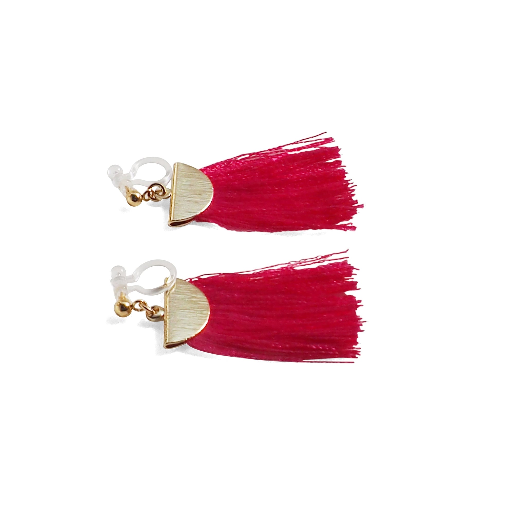 Fuchsia Pink flat tassel invisible clip on earrings - miyabigracejewelry.com