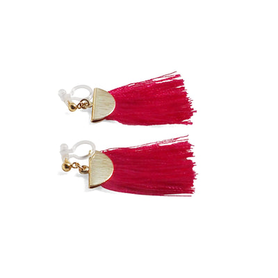 Fuchsia Pink flat tassel invisible clip on earrings - miyabigracejewelry.com
