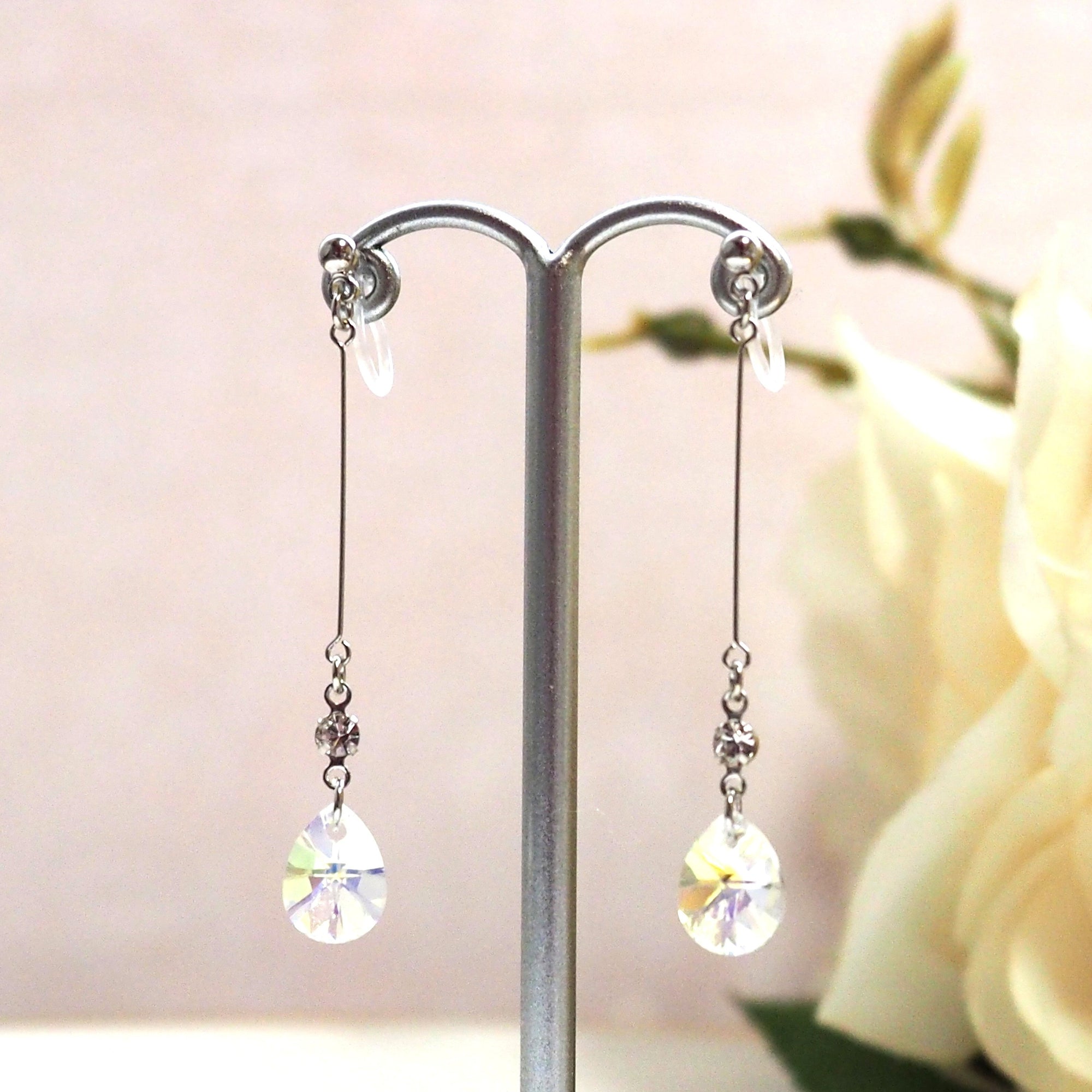 Aurora Borealis Teardrop Swarovski Invisible Clip On Earrings ( Silver tone ) - Miyabi Grace