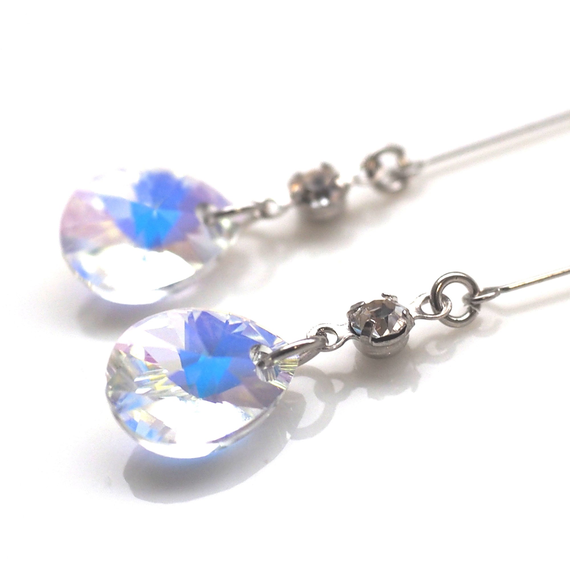 Aurora Borealis Teardrop Swarovski Invisible Clip On Earrings ( Silver tone ) - Miyabi Grace