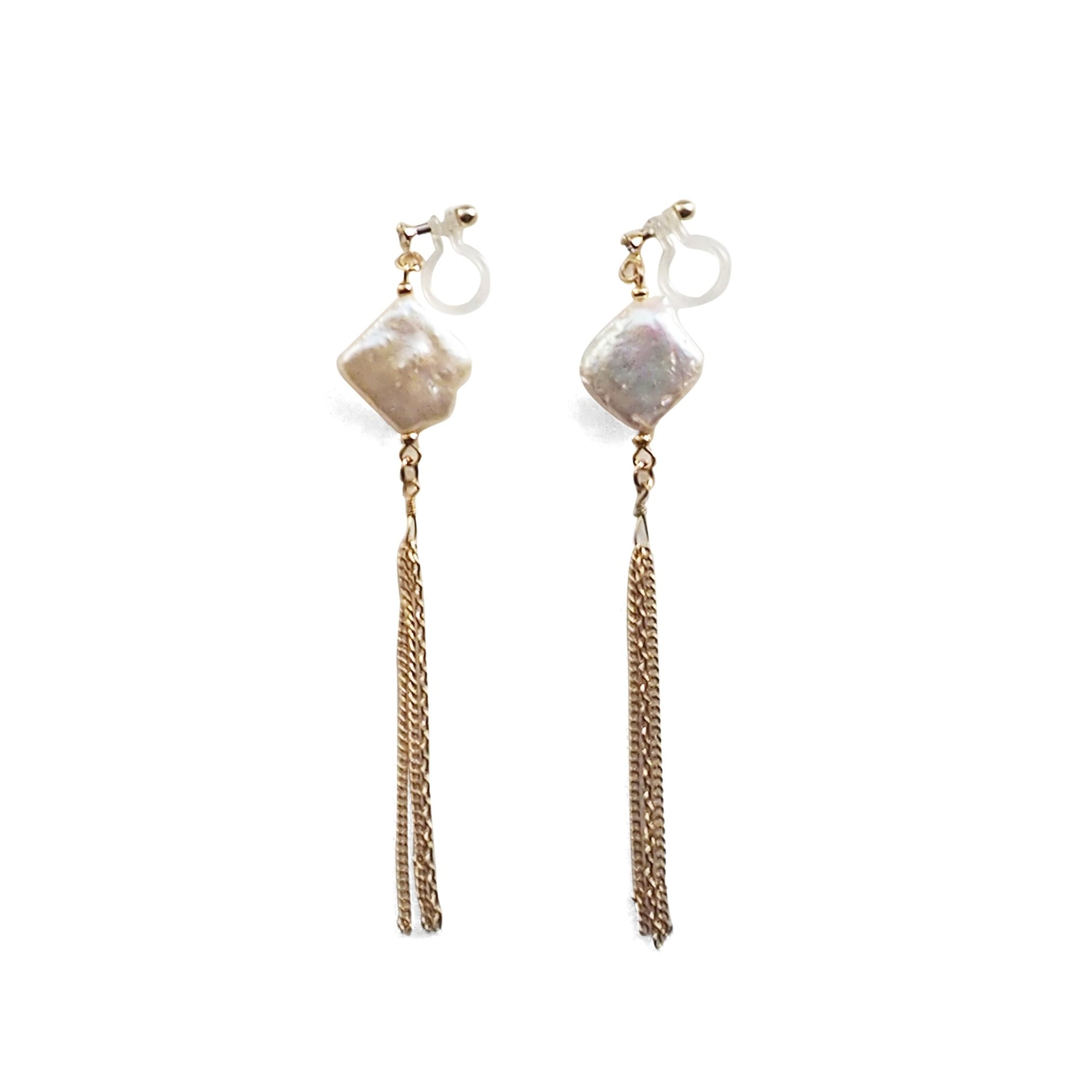 Square freshwater pearl with chain invisible clip on earrings - miyabigracejewelry.com