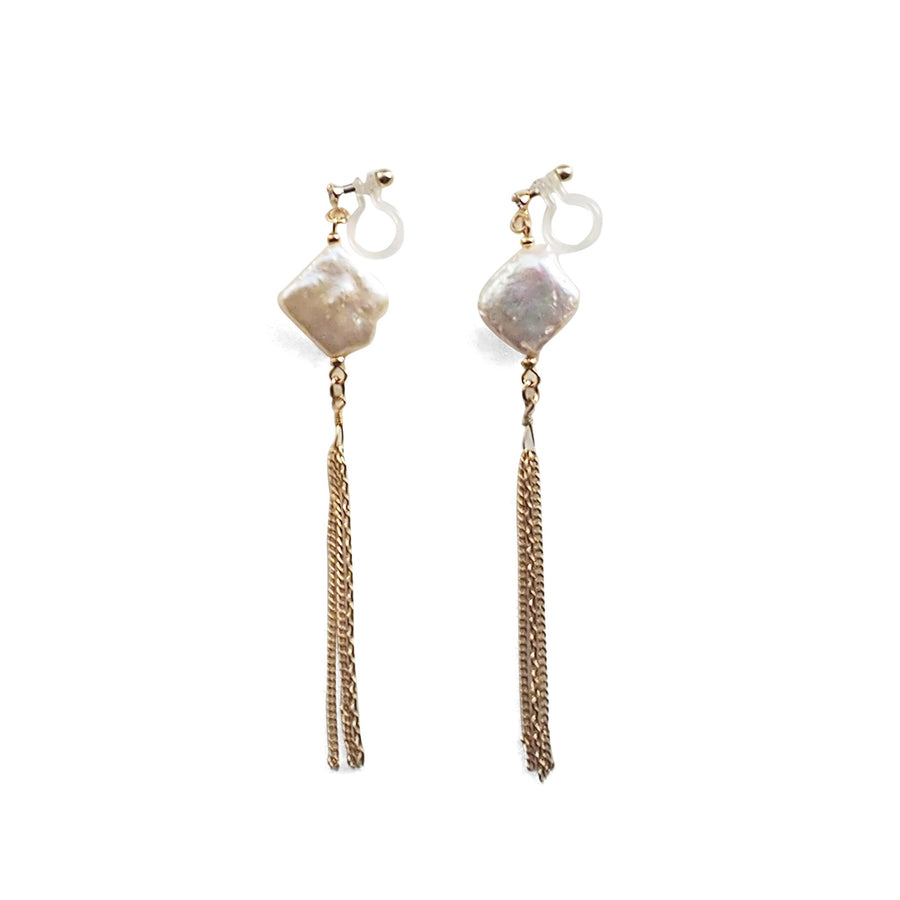Square freshwater pearl with chain invisible clip on earrings - miyabigracejewelry.com