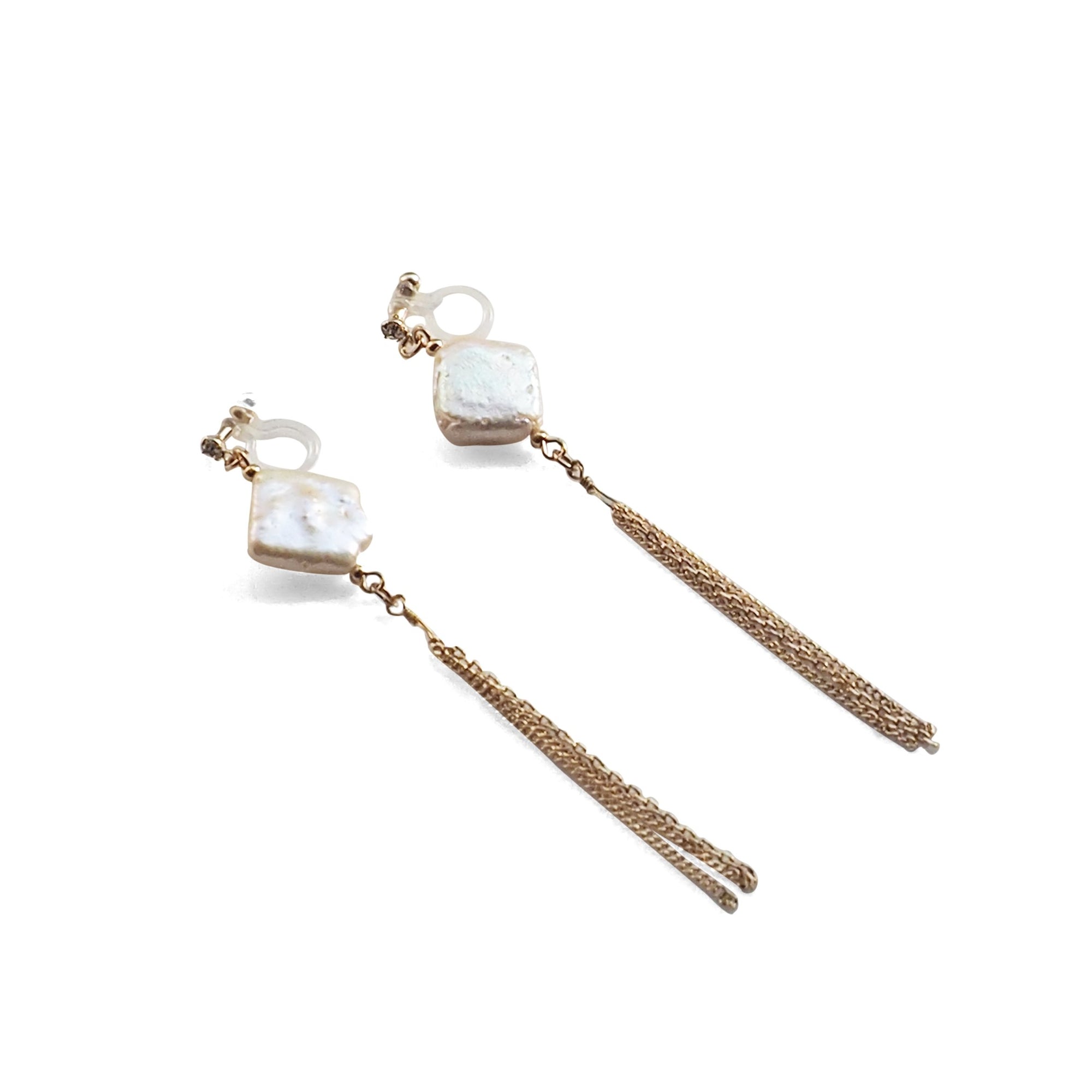 Square freshwater pearl with chain invisible clip on earrings - miyabigracejewelry.com