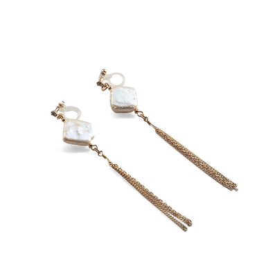 Square freshwater pearl with chain invisible clip on earrings - miyabigracejewelry.com