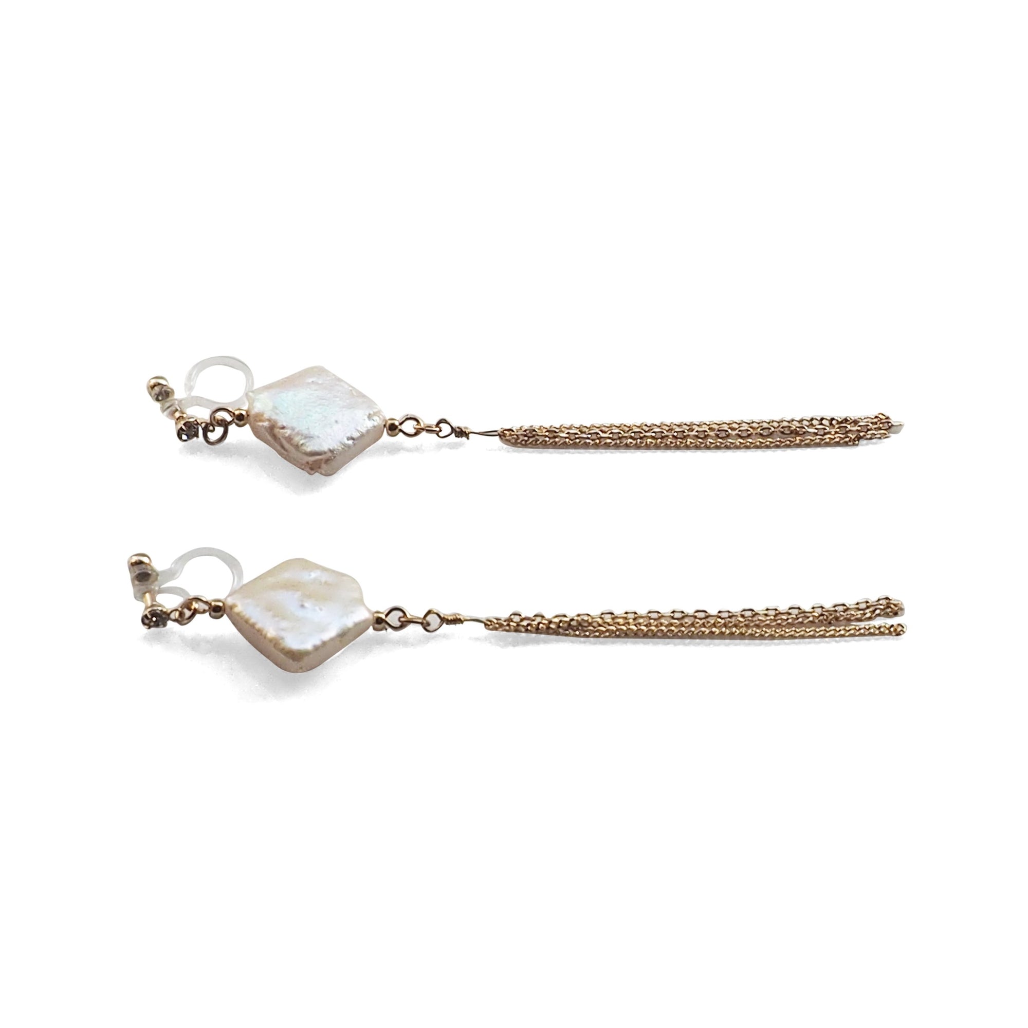 Square freshwater pearl with chain invisible clip on earrings - miyabigracejewelry.com