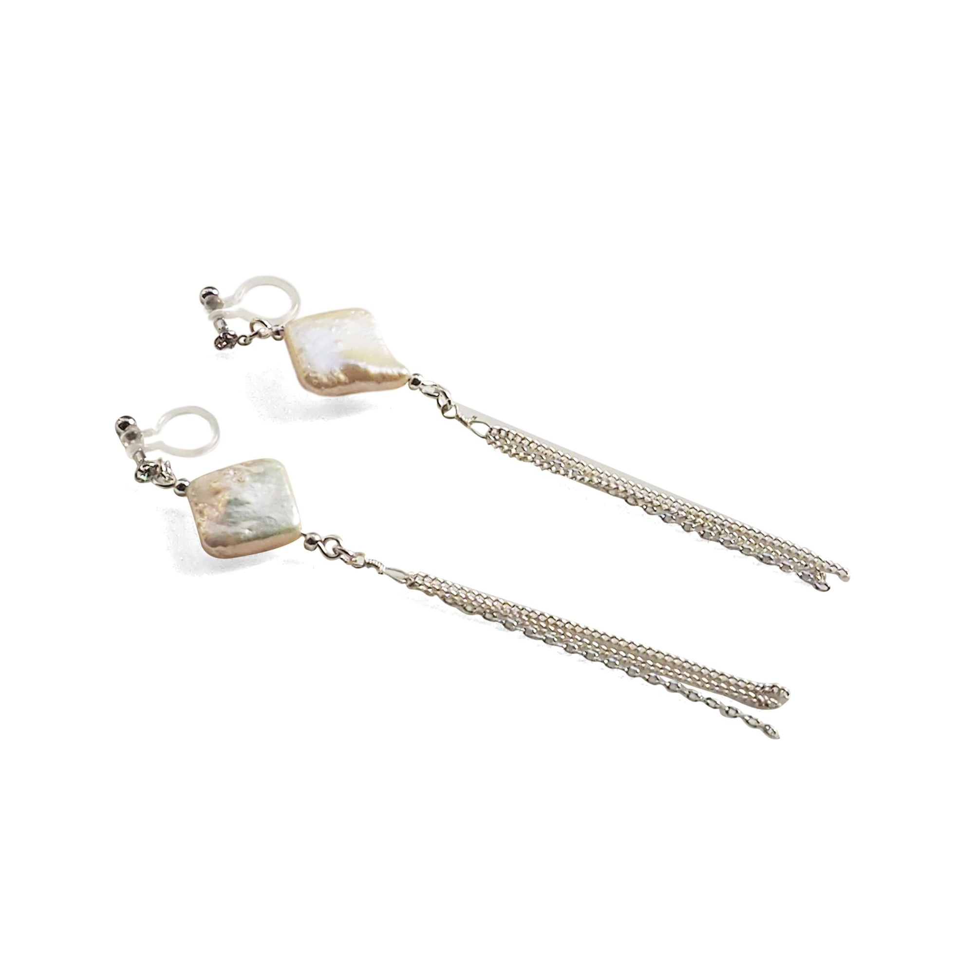 Square freshwater pearl with chain invisible clip on earrings - miyabigracejewelry.com