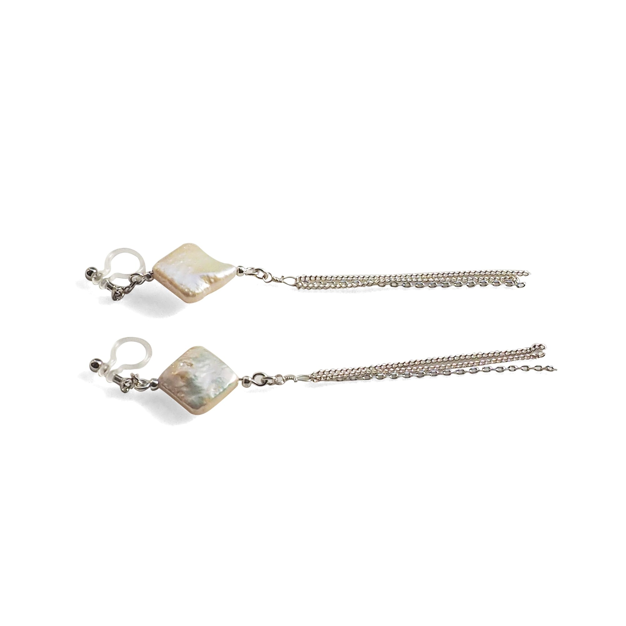 Square freshwater pearl with chain invisible clip on earrings - miyabigracejewelry.com