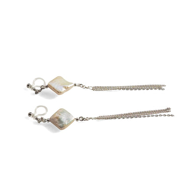 Square freshwater pearl with chain invisible clip on earrings - miyabigracejewelry.com