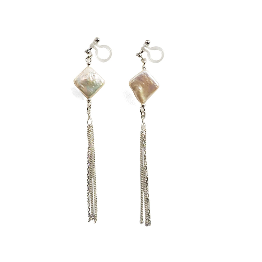 Square freshwater pearl with chain invisible clip on earrings - miyabigracejewelry.com
