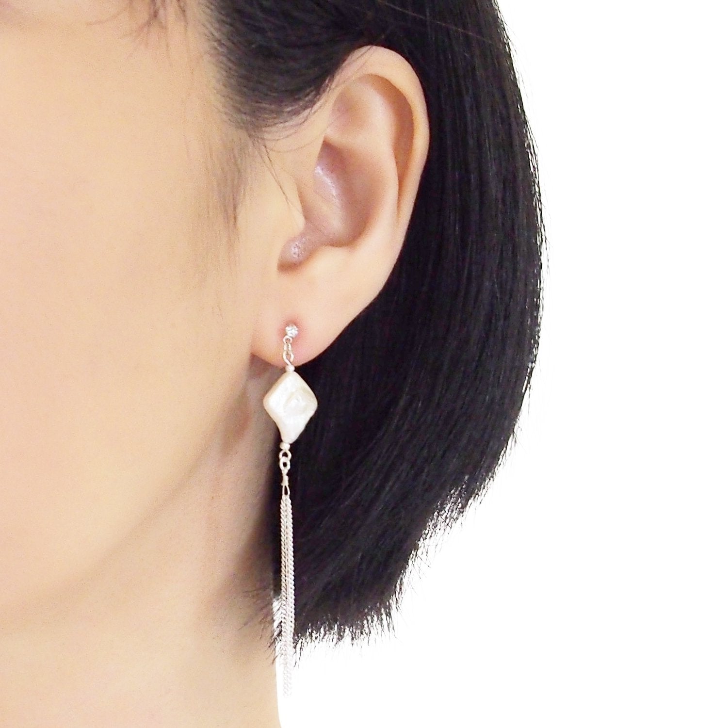 Square freshwater pearl with chain invisible clip on earrings - miyabigracejewelry.com