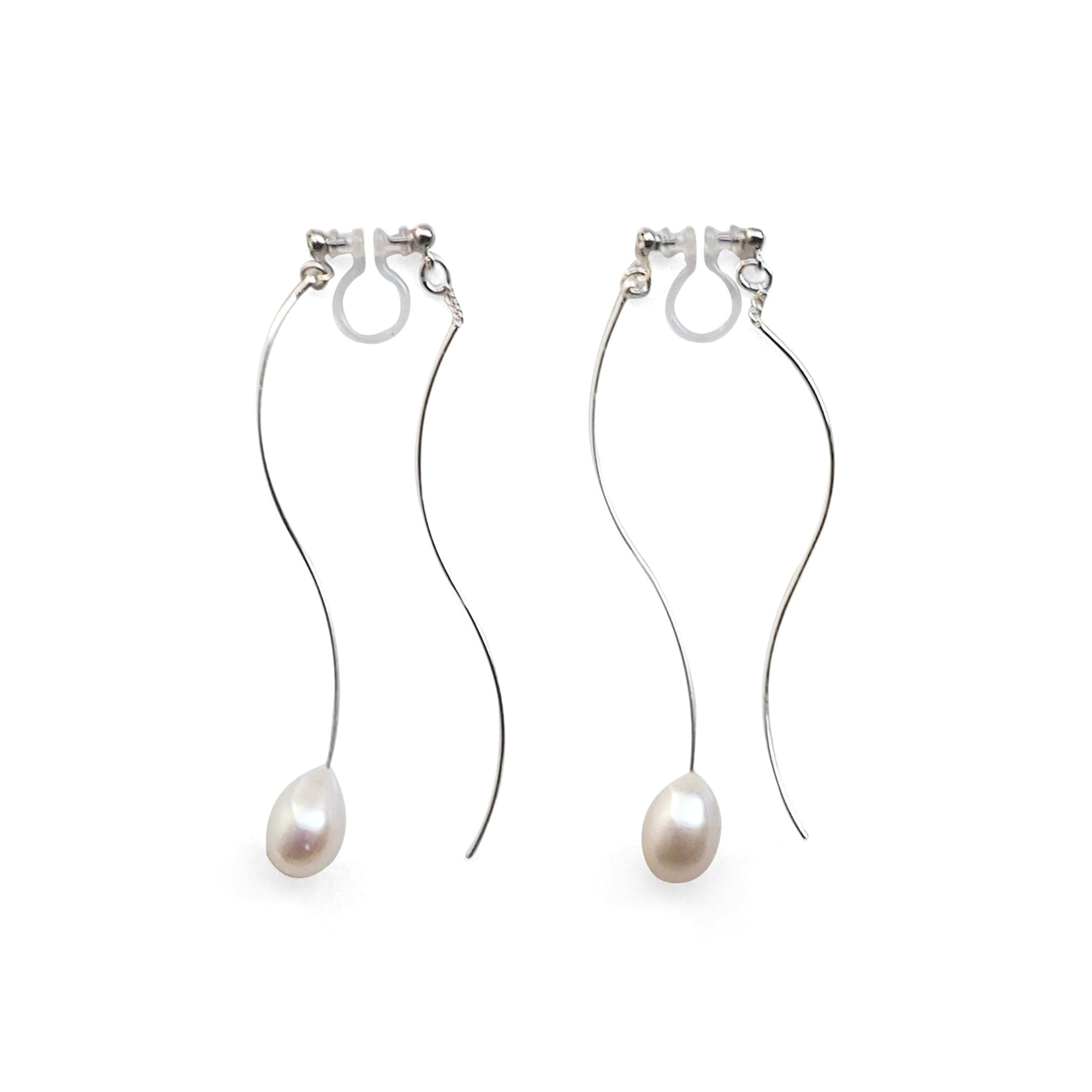 Double Sided White Freshwater Pearl with Wave Bar Invisible Clip On Earrings (Silver tone) - miyabigracejewelry.com