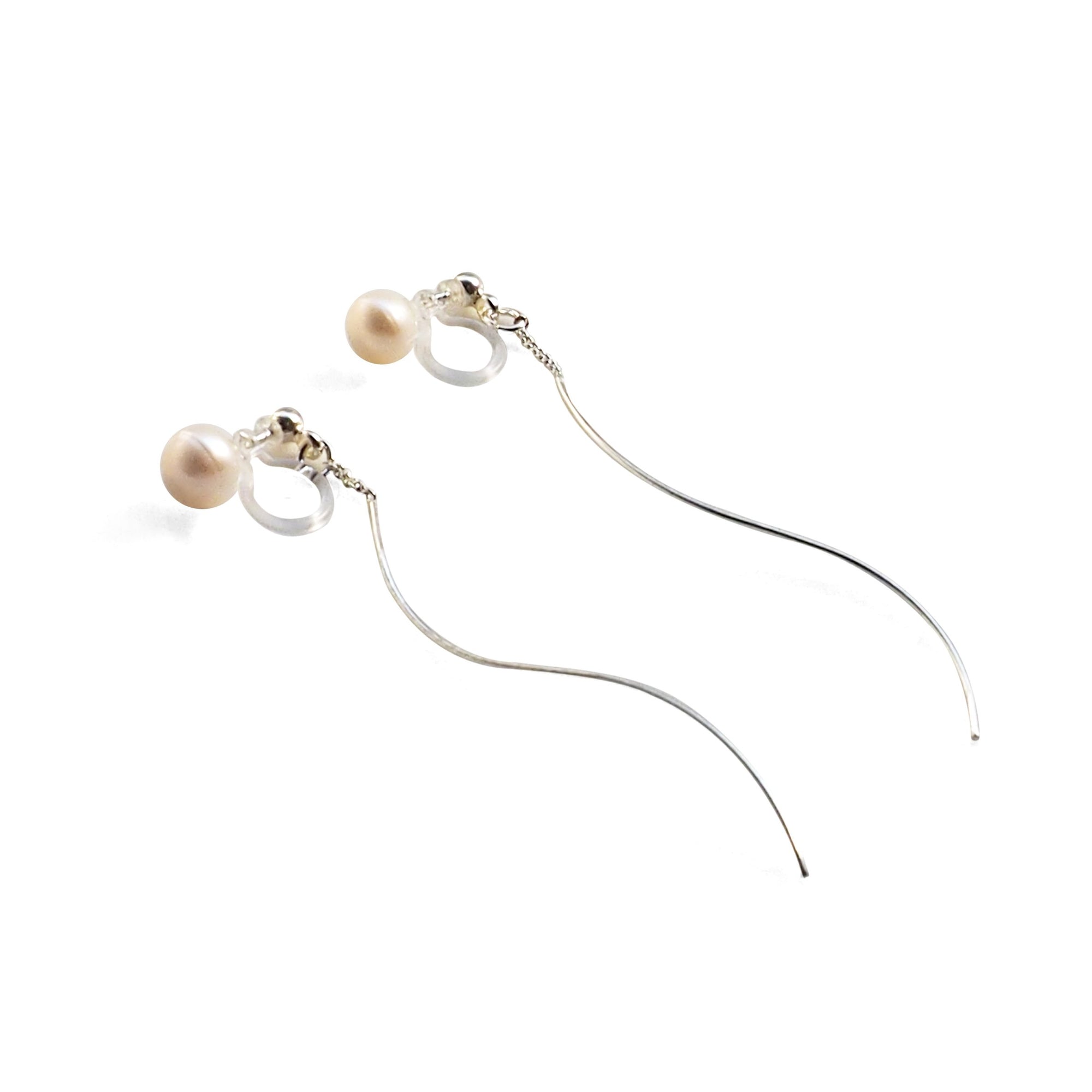 Double Sided White Freshwater Pearl Invisible Clip On Stud Earrings (Silver tone Wave Bar) - miyabigracejewelry.com