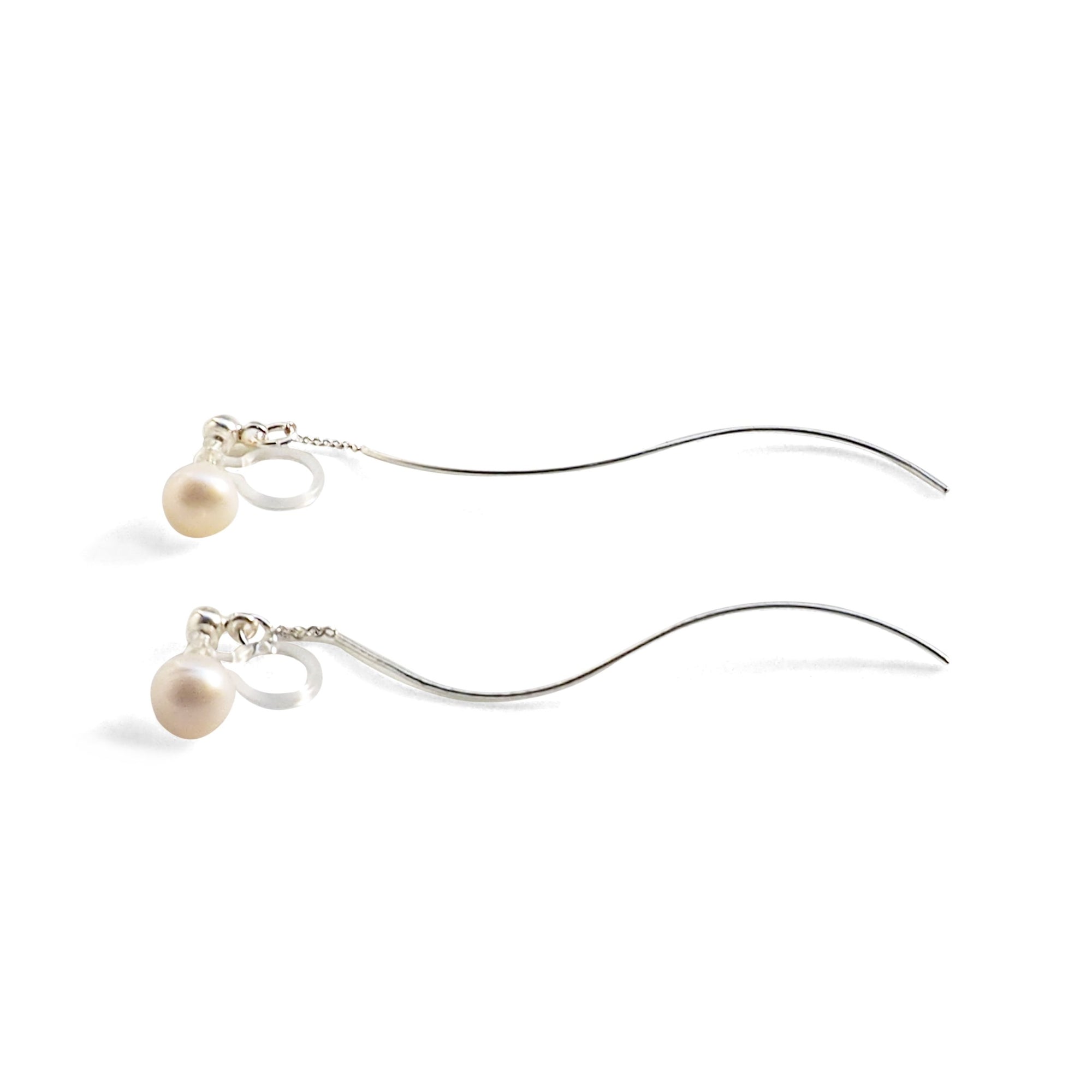 Double Sided White Freshwater Pearl Invisible Clip On Stud Earrings (Silver tone Wave Bar) - miyabigracejewelry.com