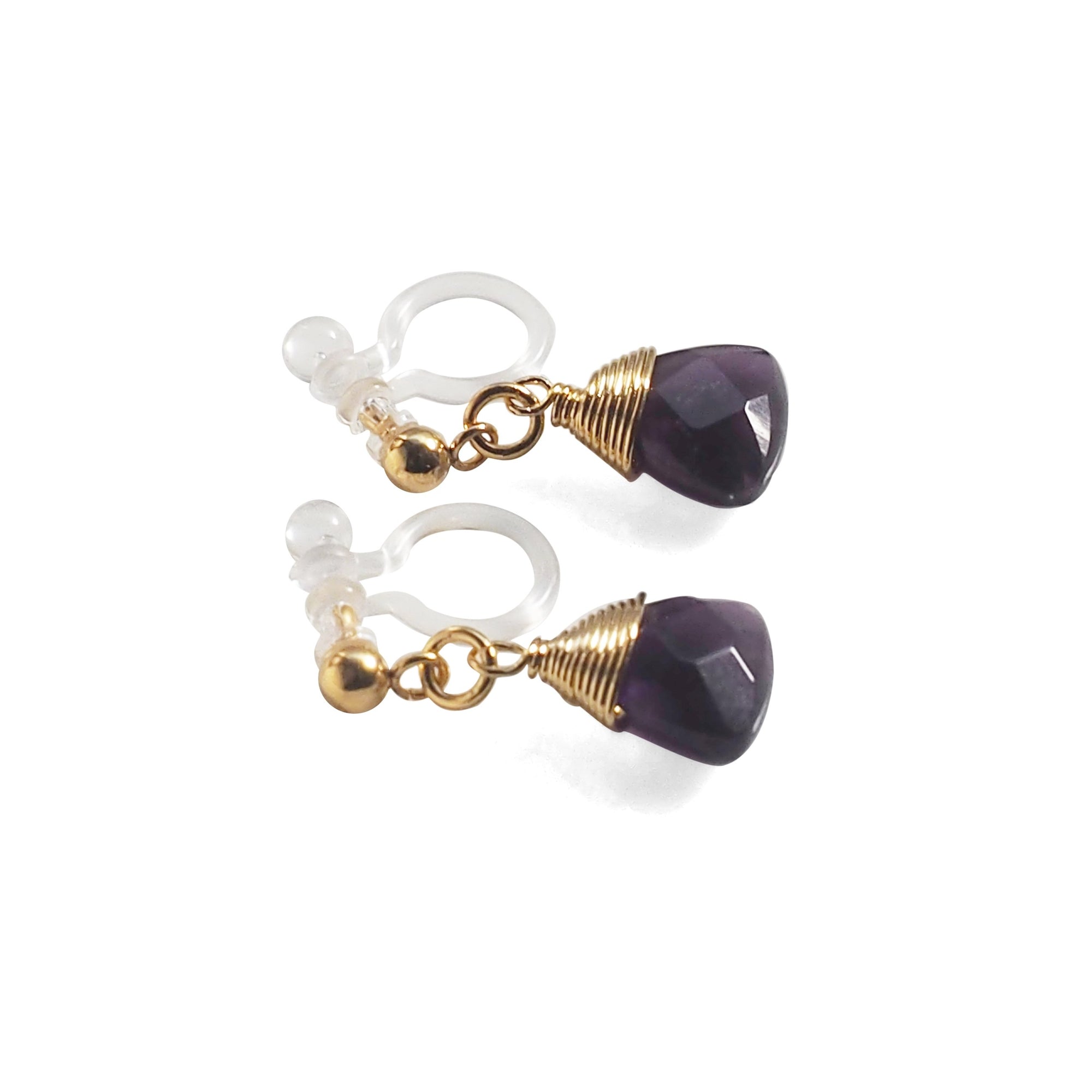 Triangle Purple Amethyst Invisible Clip On Earrings (Gold tone) - miyabigracejewelry.com