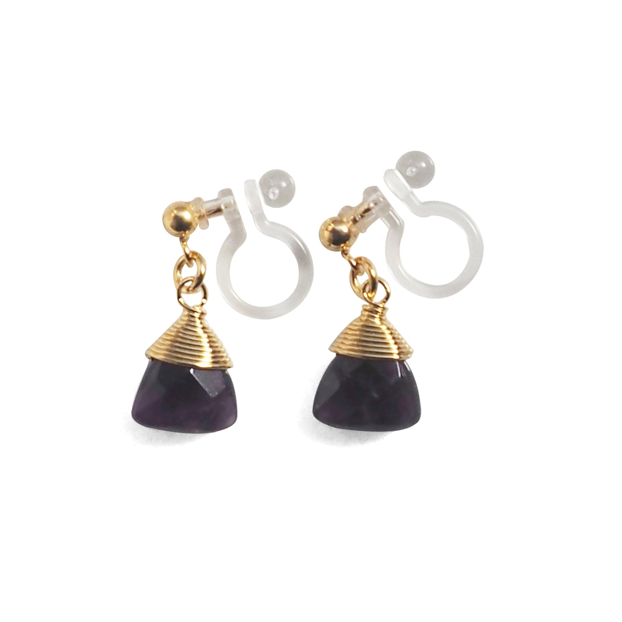 Triangle Purple Amethyst Invisible Clip On Earrings (Gold tone) - miyabigracejewelry.com