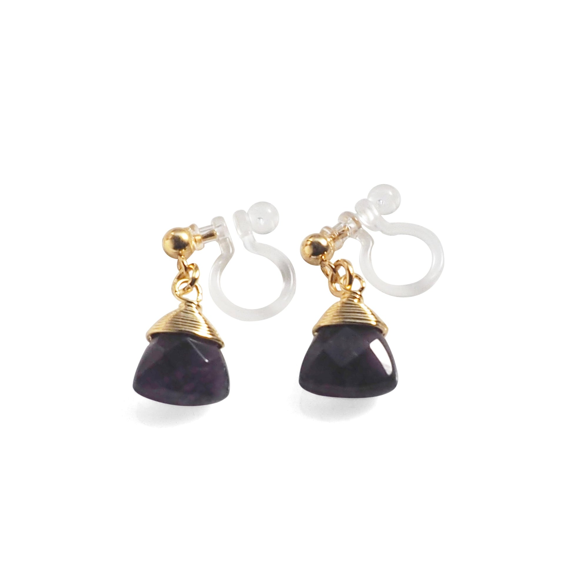 Triangle Purple Amethyst Invisible Clip On Earrings (Gold tone) - miyabigracejewelry.com