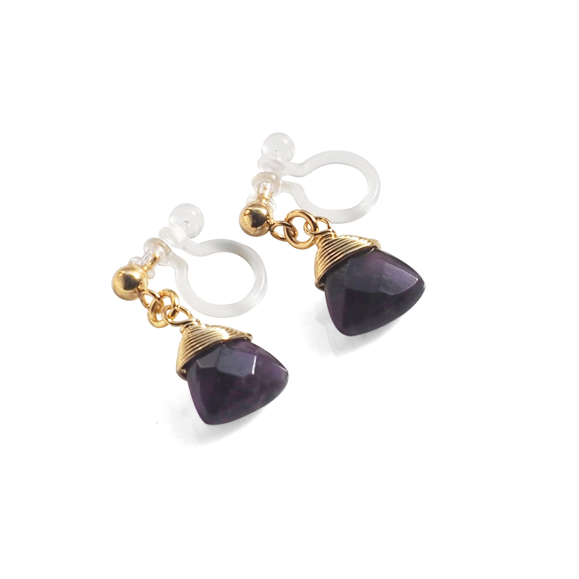 Triangle Purple Amethyst Invisible Clip On Earrings (Gold tone) - miyabigracejewelry.com