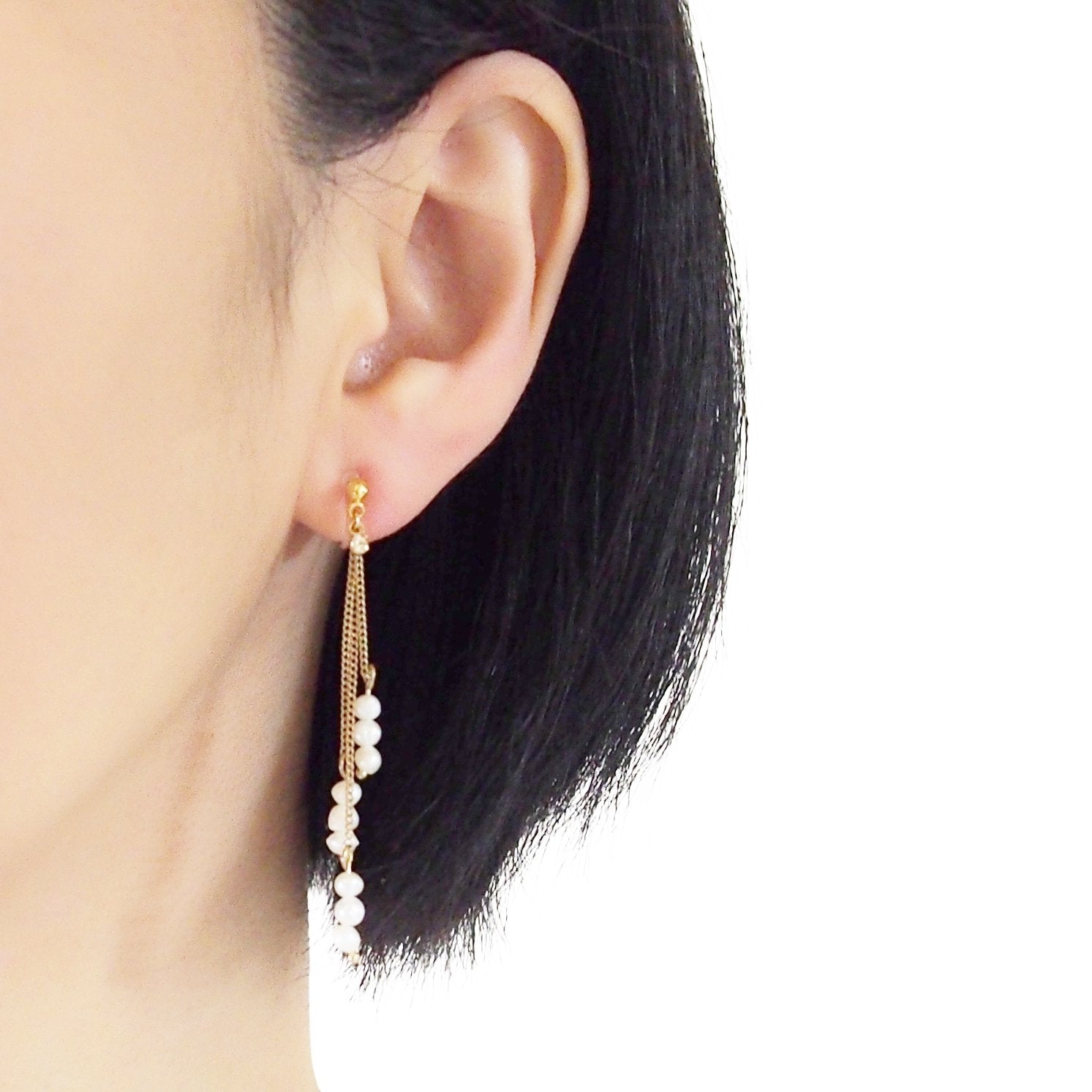 Dangle Beaded White Freshwater Pearl Invisible Clip On Earrings (Gold tone) - miyabigracejewelry.com