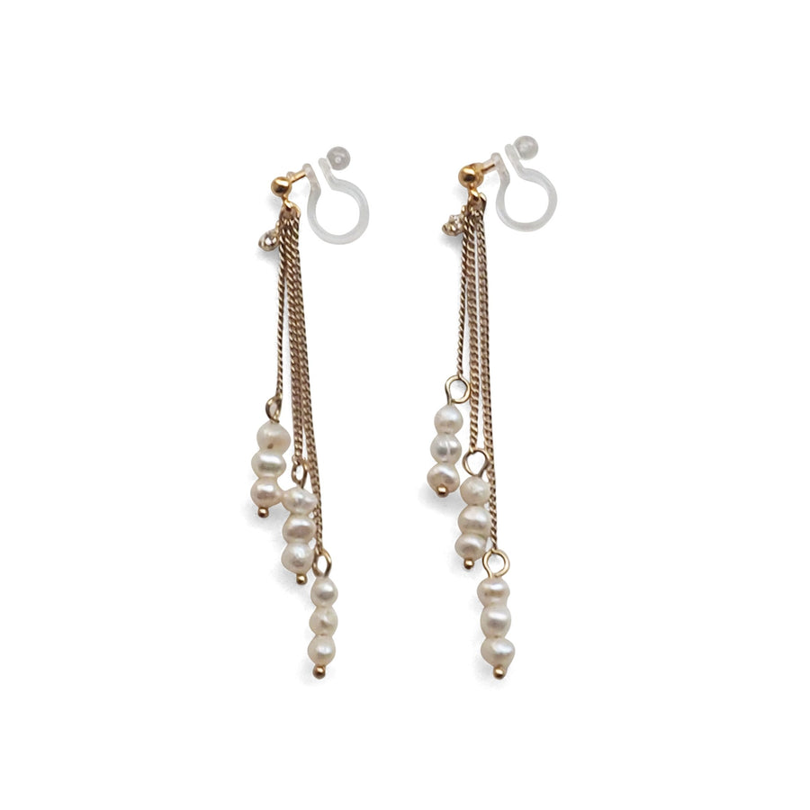 Dangle Beaded White Freshwater Pearl Invisible Clip On Earrings (Gold tone) - miyabigracejewelry.com