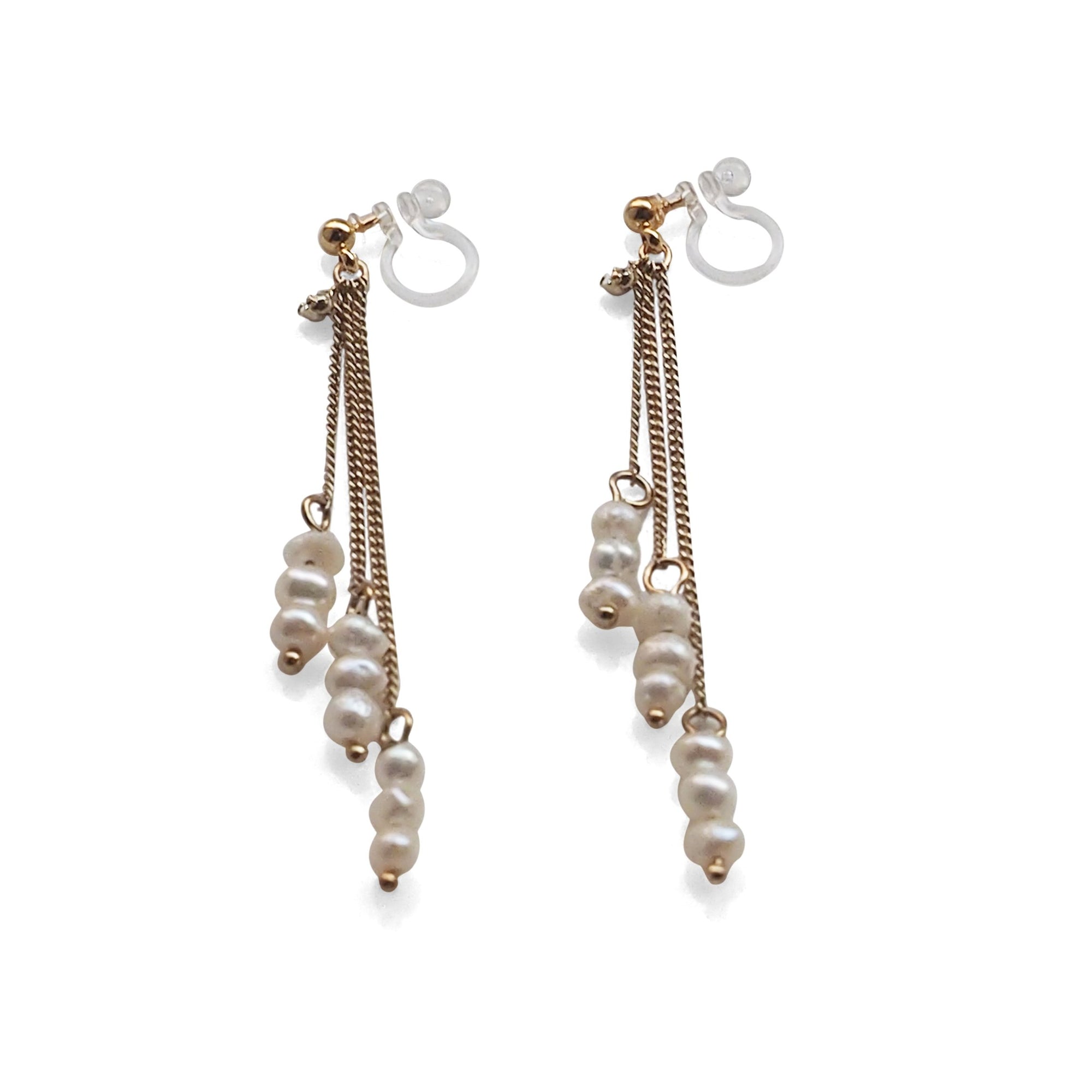 Dangle Beaded White Freshwater Pearl Invisible Clip On Earrings (Gold tone) - miyabigracejewelry.com