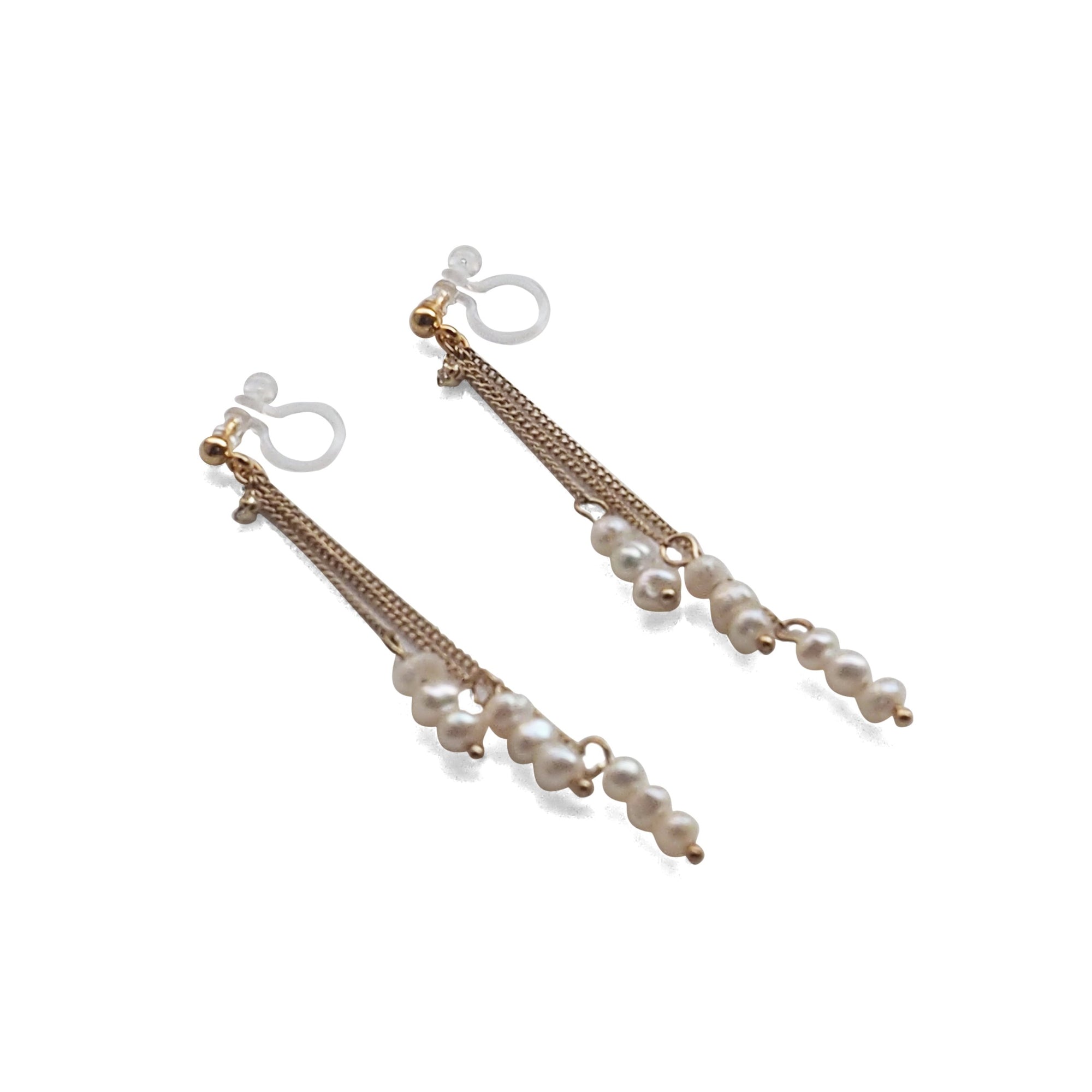 Dangle Beaded White Freshwater Pearl Invisible Clip On Earrings (Gold tone) - miyabigracejewelry.com