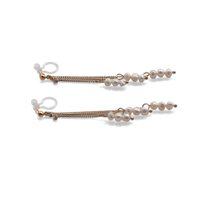 Dangle Beaded White Freshwater Pearl Invisible Clip On Earrings (Gold tone) - miyabigracejewelry.com